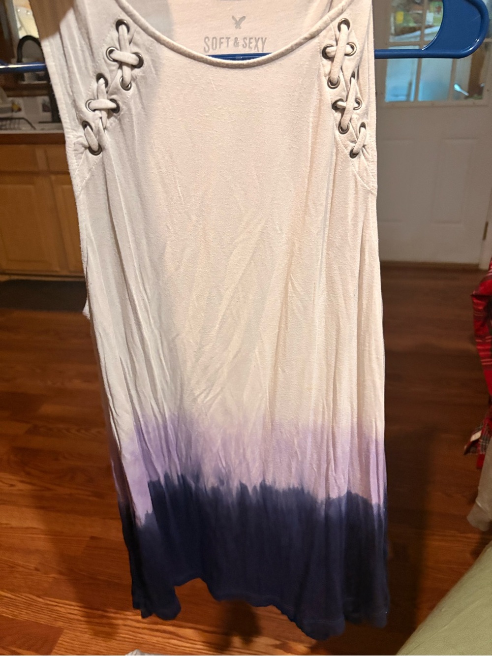 American Eagle Outfitters White to Navy Ombre Lace-Up Tank Top small
